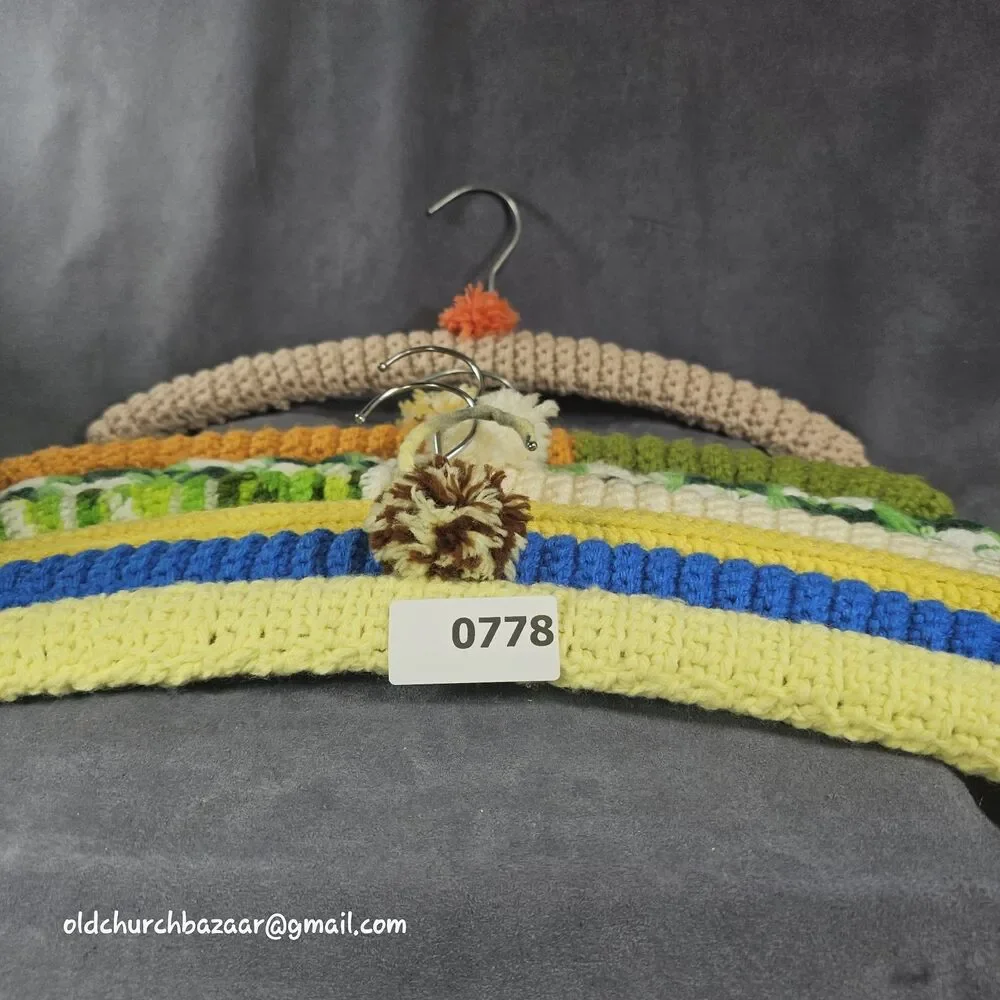 Lot of 7 Vintage Crochet Yarn Covered Wood Clothes Hangers Various Colors